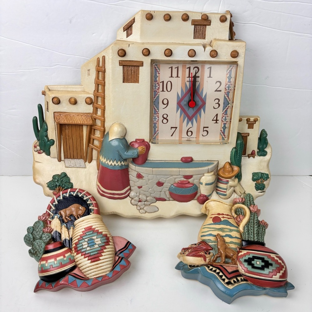 Vintage Pueblo Clock-Desert Southwest style-90’s-set of 3-RARE